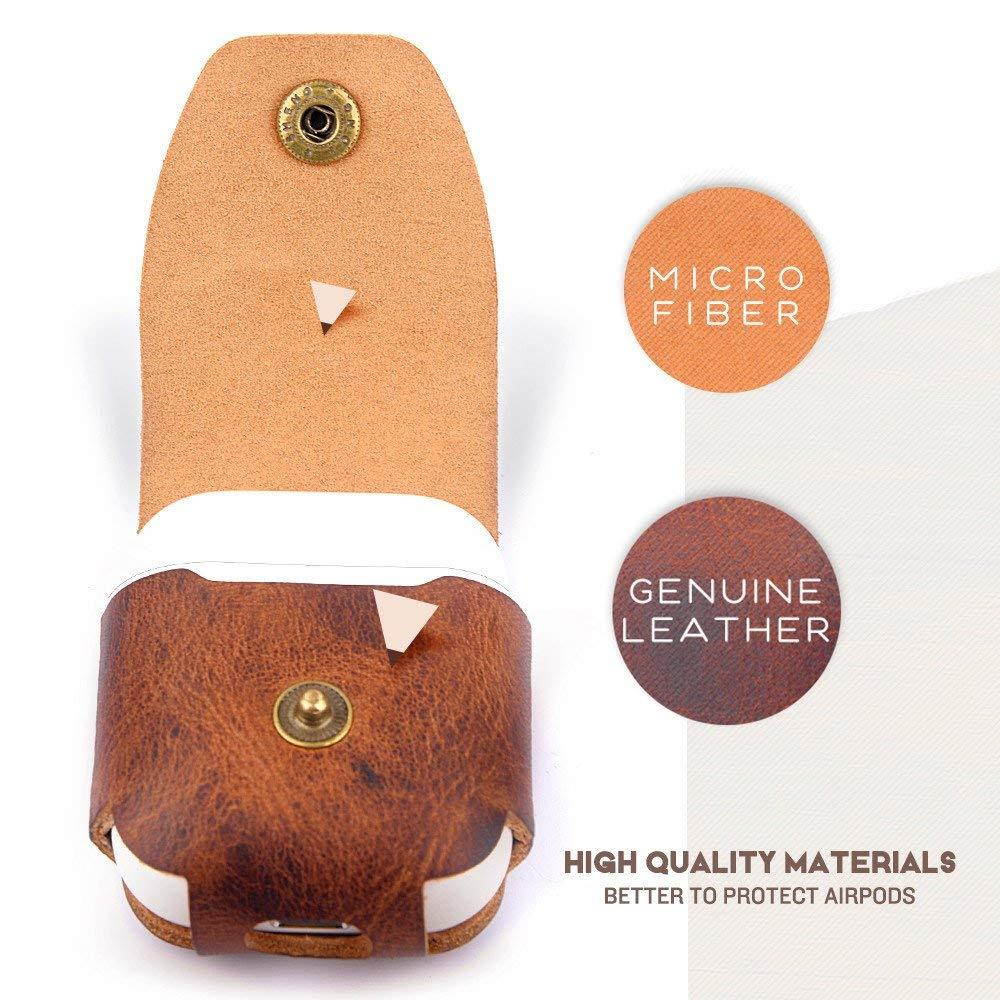 MRPLUM Leather Case, Genuine Cover for Apple AirPods Earphones, Brown