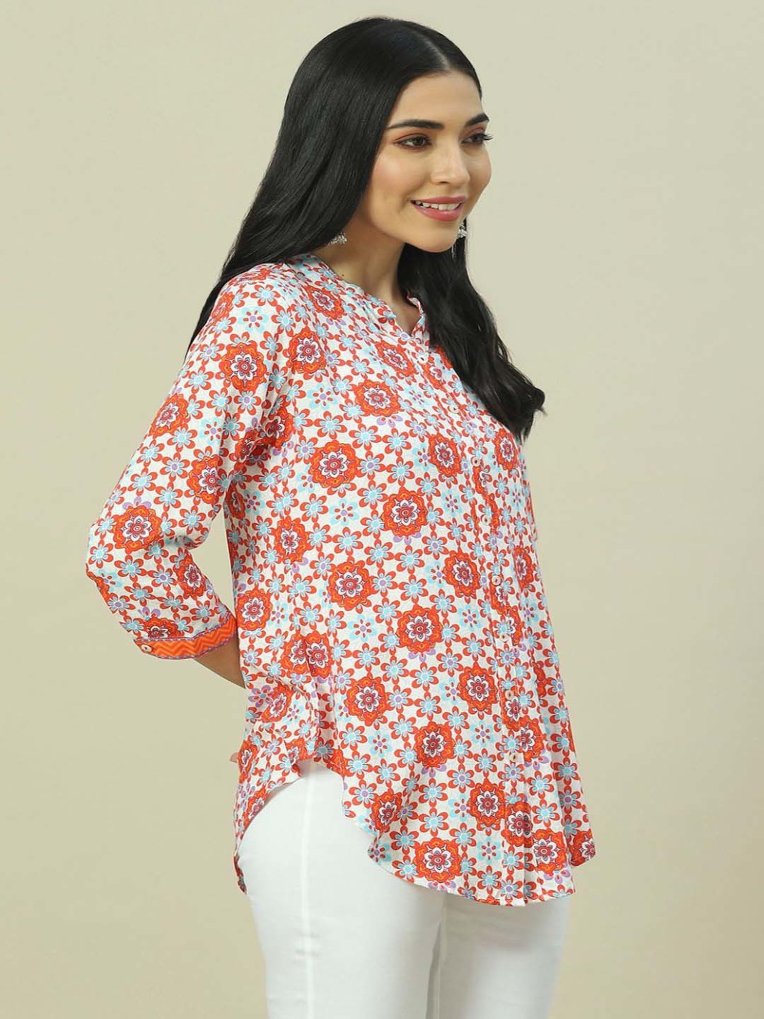Rangriti White & Pink Printed Top