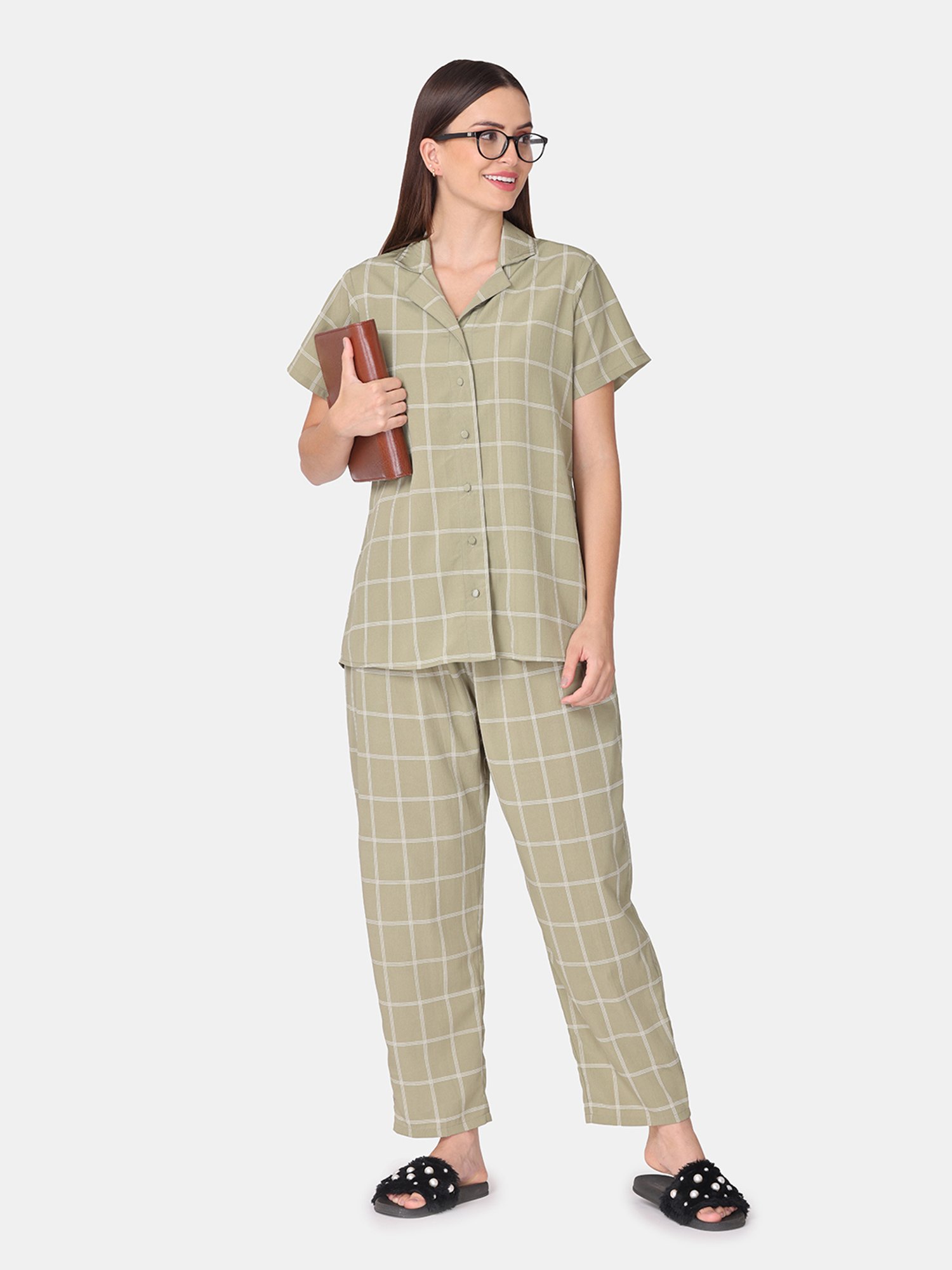 The Mom Store Green Check Feeding Shirt With Pyjamas