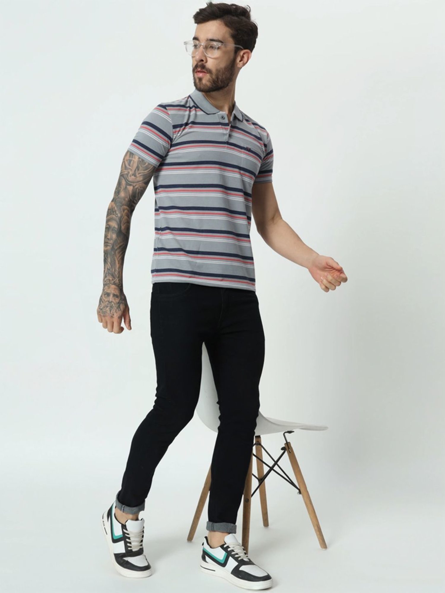 Tab91 Grey Regular Fit Striped Polo T-Shirts