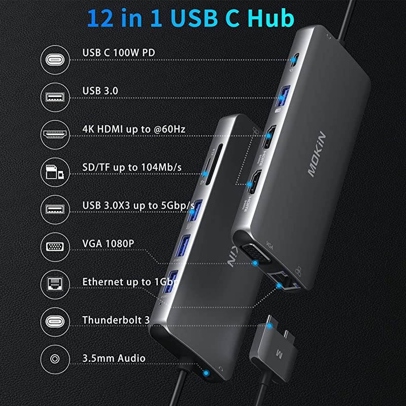 Pro Docking Station Dual Monitor Pro HDMI Adapter,12 in 1 USB C Adapters for Pro Air Mac HDMI Dock Dongle Dual USB C to Dual HDMI VGA Ethernet AUX 4USB SD/TF100W PD