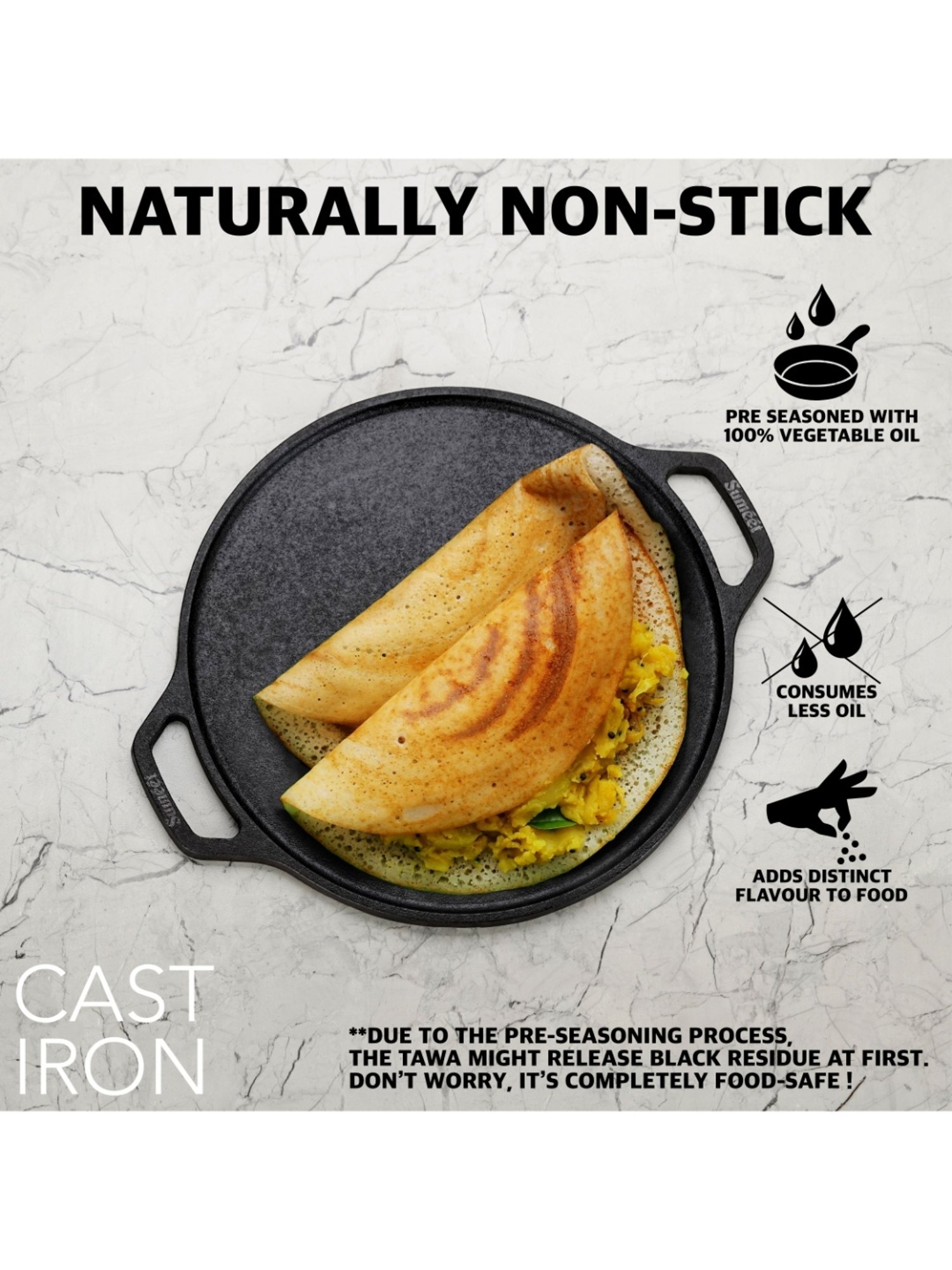 Sumeet Pre Seasoned Heavy Weight Cast Iron Flat Dosa Tawa,Induction Friendly, 30cm, Weight-3.070Kg