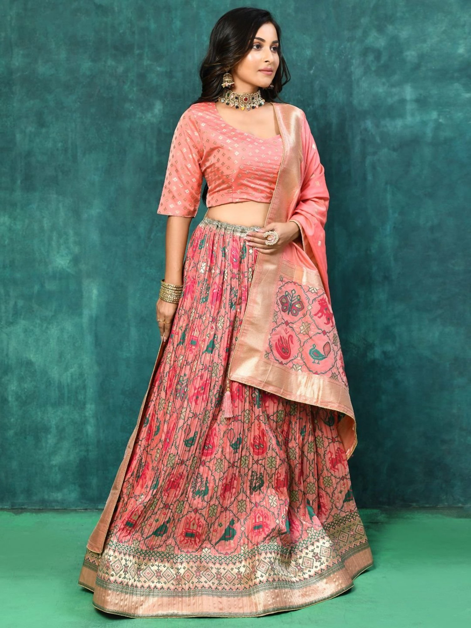 Elora Pink Woven Pattern Semi Stitched Lehenga Choli Set With Dupatta