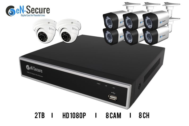 eN-Secure 8 Channel DVR CCTV Kit with 6 1080p HD 2MP Bullet & 2 Dome Cameras & 2TB Hard Drive