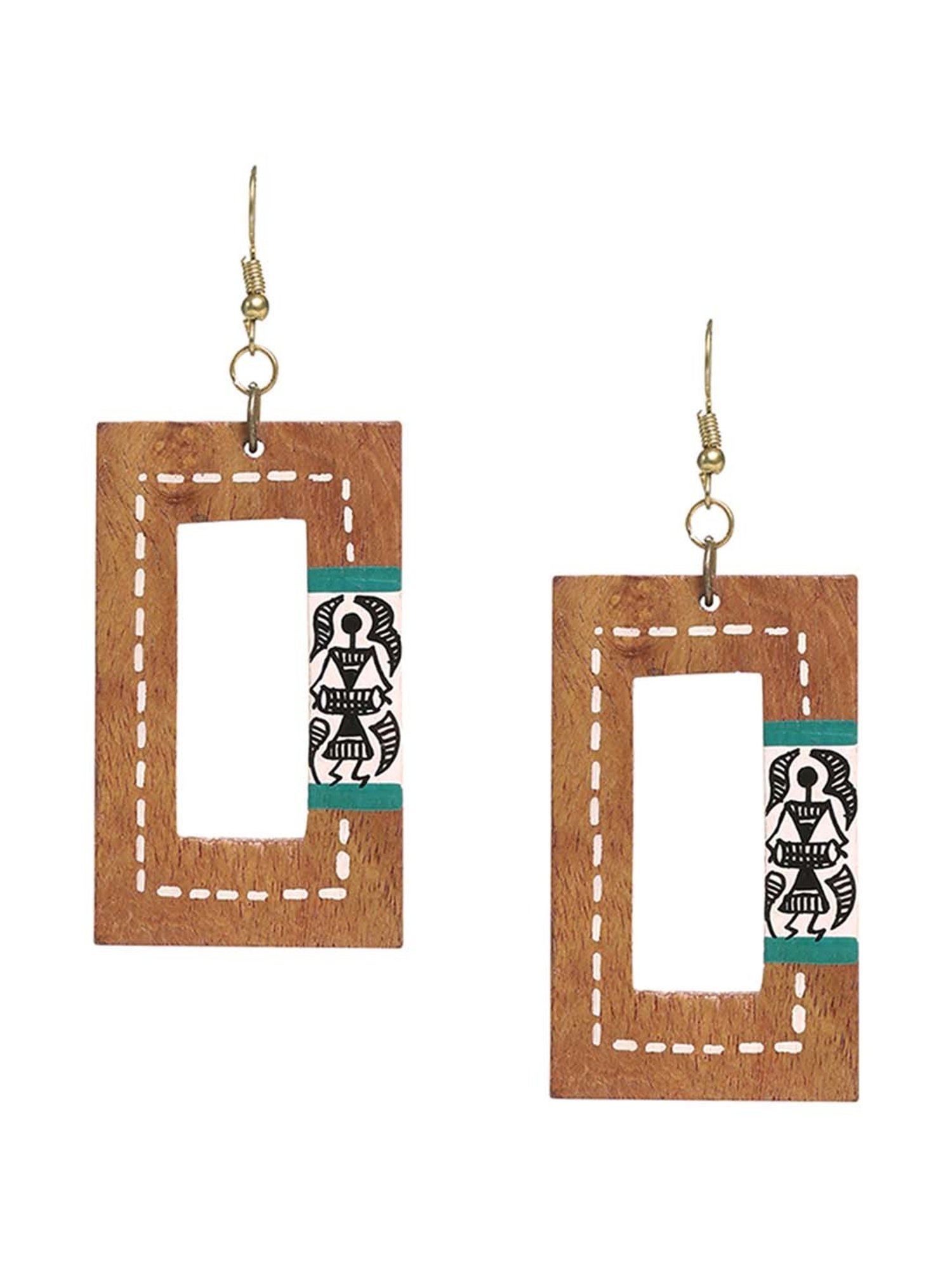 ExclusiveLane Tribal Warli Brown & White Dangler Earrings (Warli Art in Sheesham Wood)