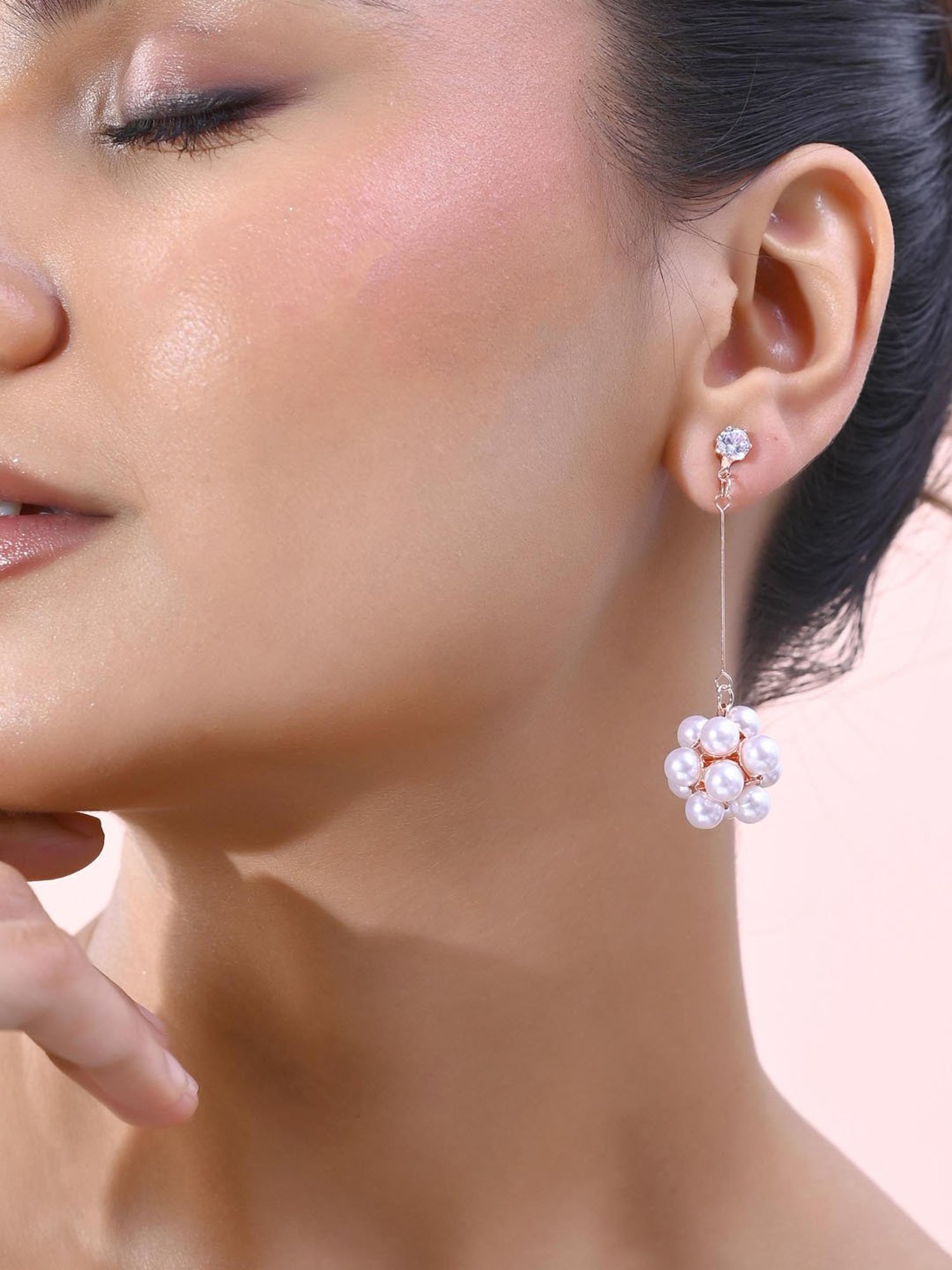 VOJ Rose Gold-Plated Handcrafted Floral Pearl Drop Earrings for Women