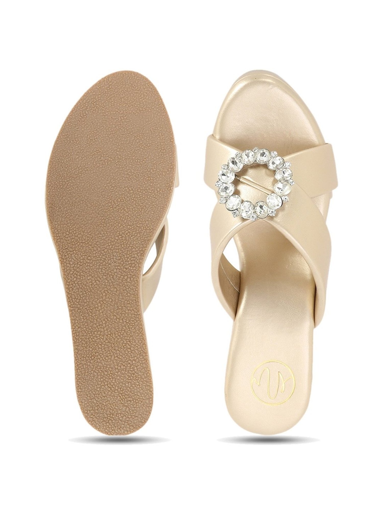 NR by Nidhi Rathi Women's Golden Cross Strap Wedges