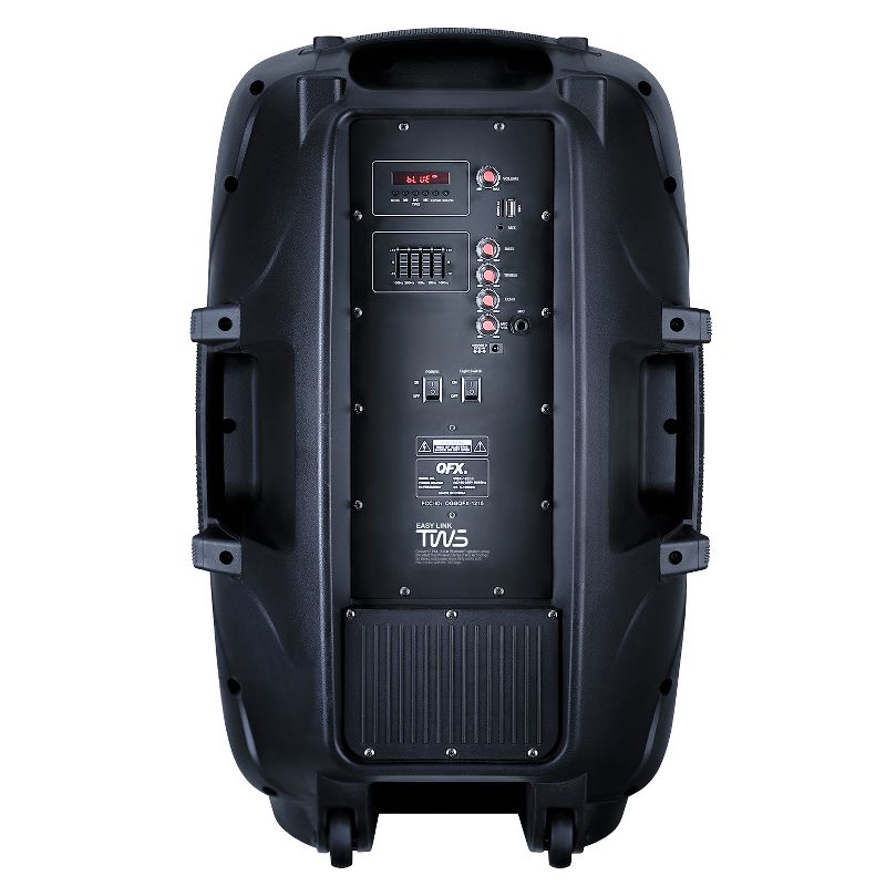 QFX PBX-153SM 15 Inch Rechargeable Bluetooth Portable Party Speaker System with LED Lights, Microphone, Stand, and Remote Control