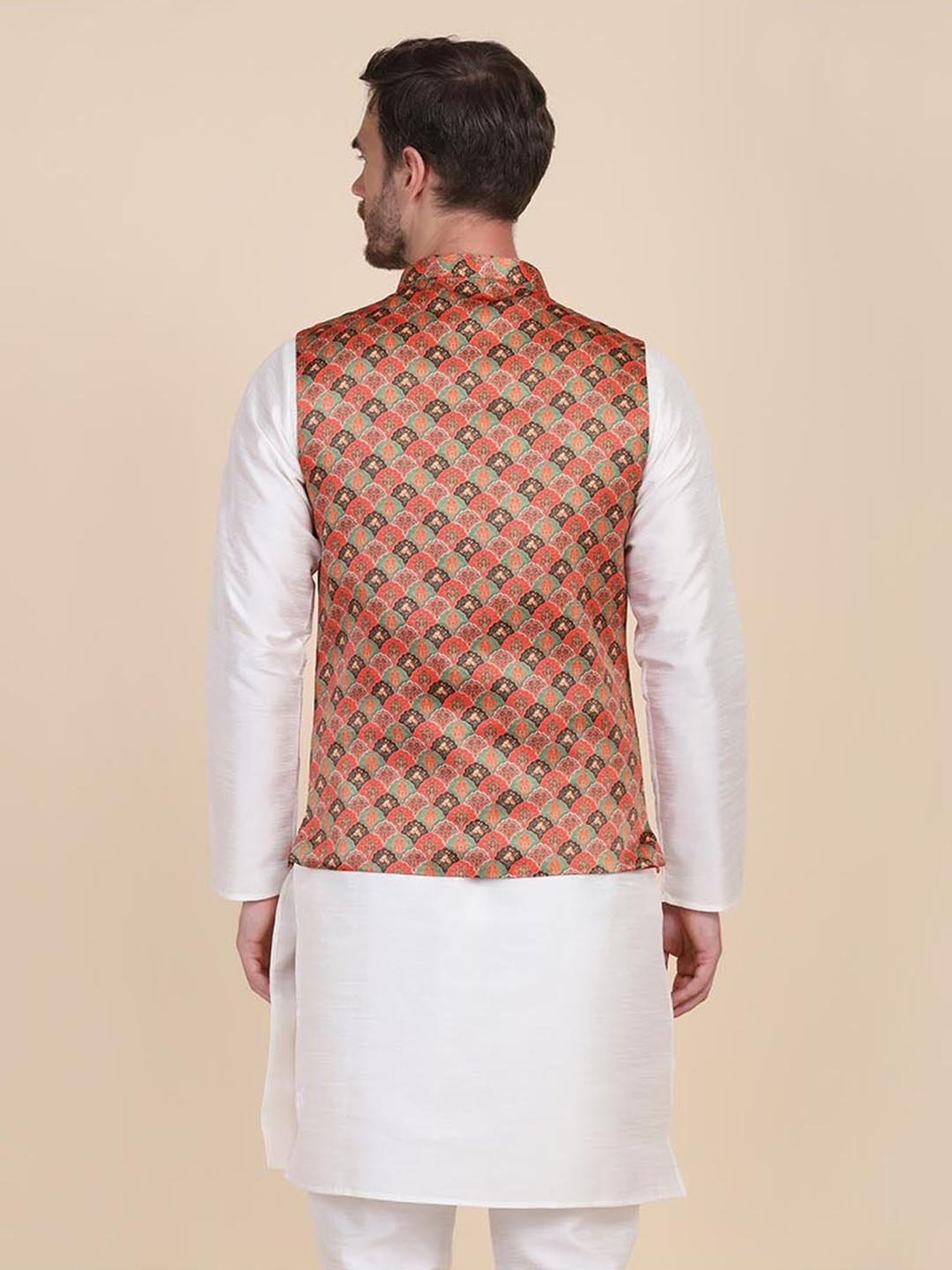 TAHVO Orange Satin Slim Fit Printed Nehru Jacket