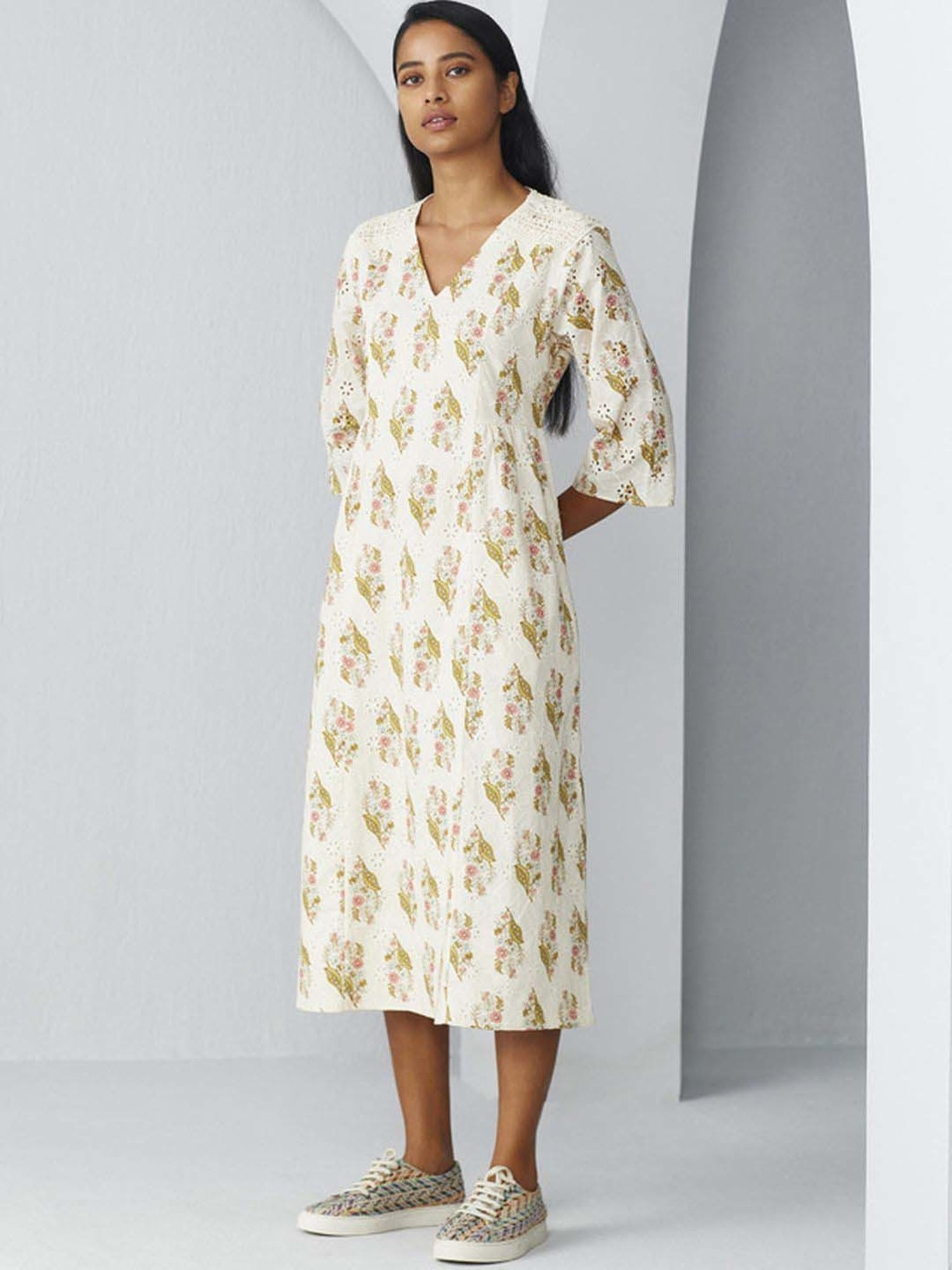 Ancestry White Cotton Embroidered A-Line Dress