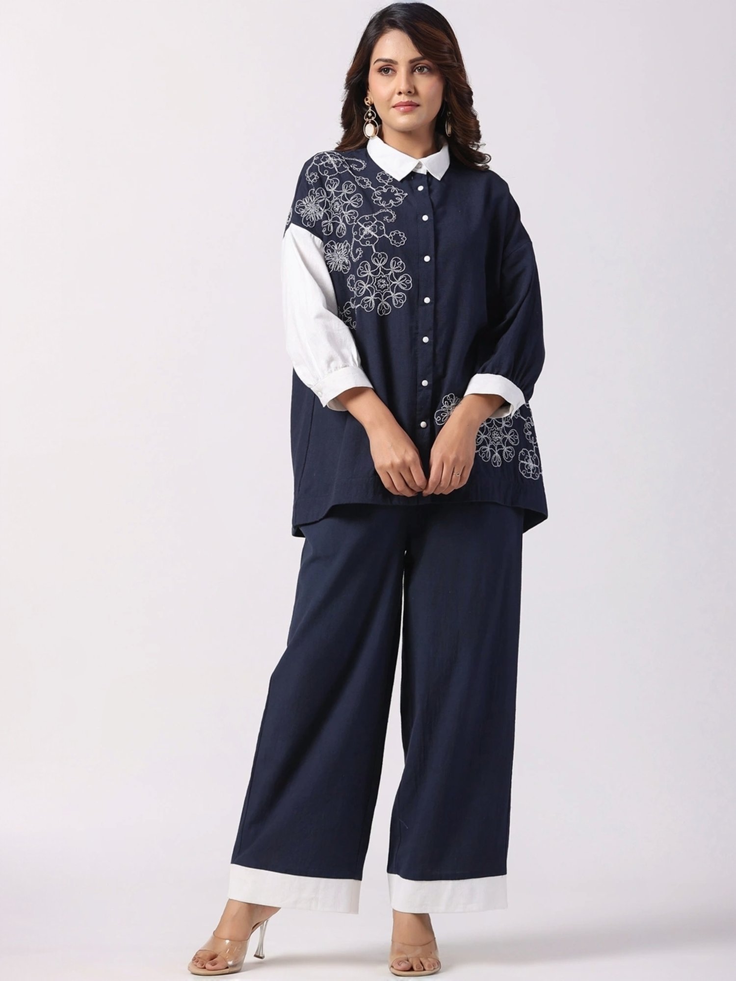 Zolo Label Navy Cotton Embroidered Shirt Palazzo Set