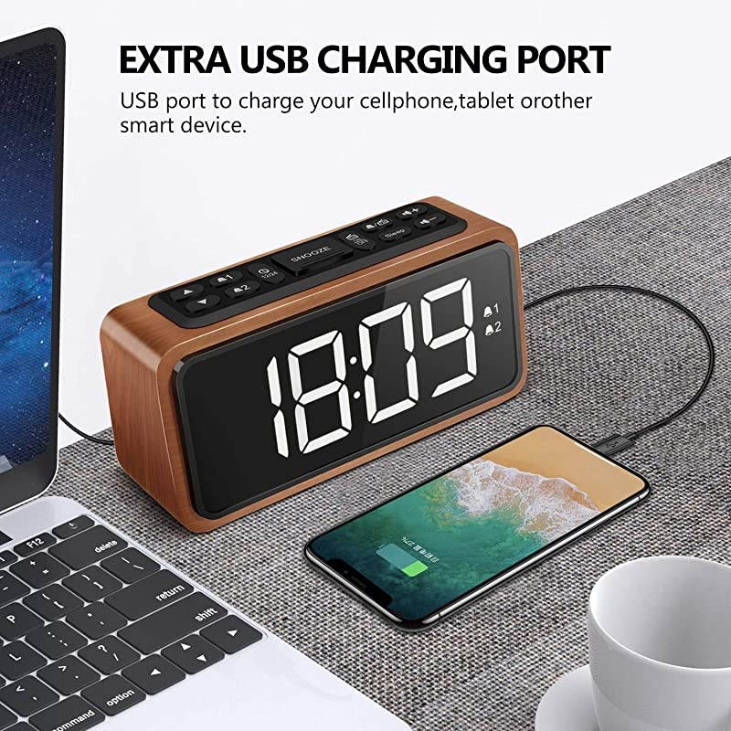 Alarm Clock, Large LED Display Wood Digital FM Alarm Clock, Adjustable Brightness Dimmer and Snooze, Simple LED Clock with Dual Alarm, 12/24 Hour, Powered by AC Adapter (White LED)