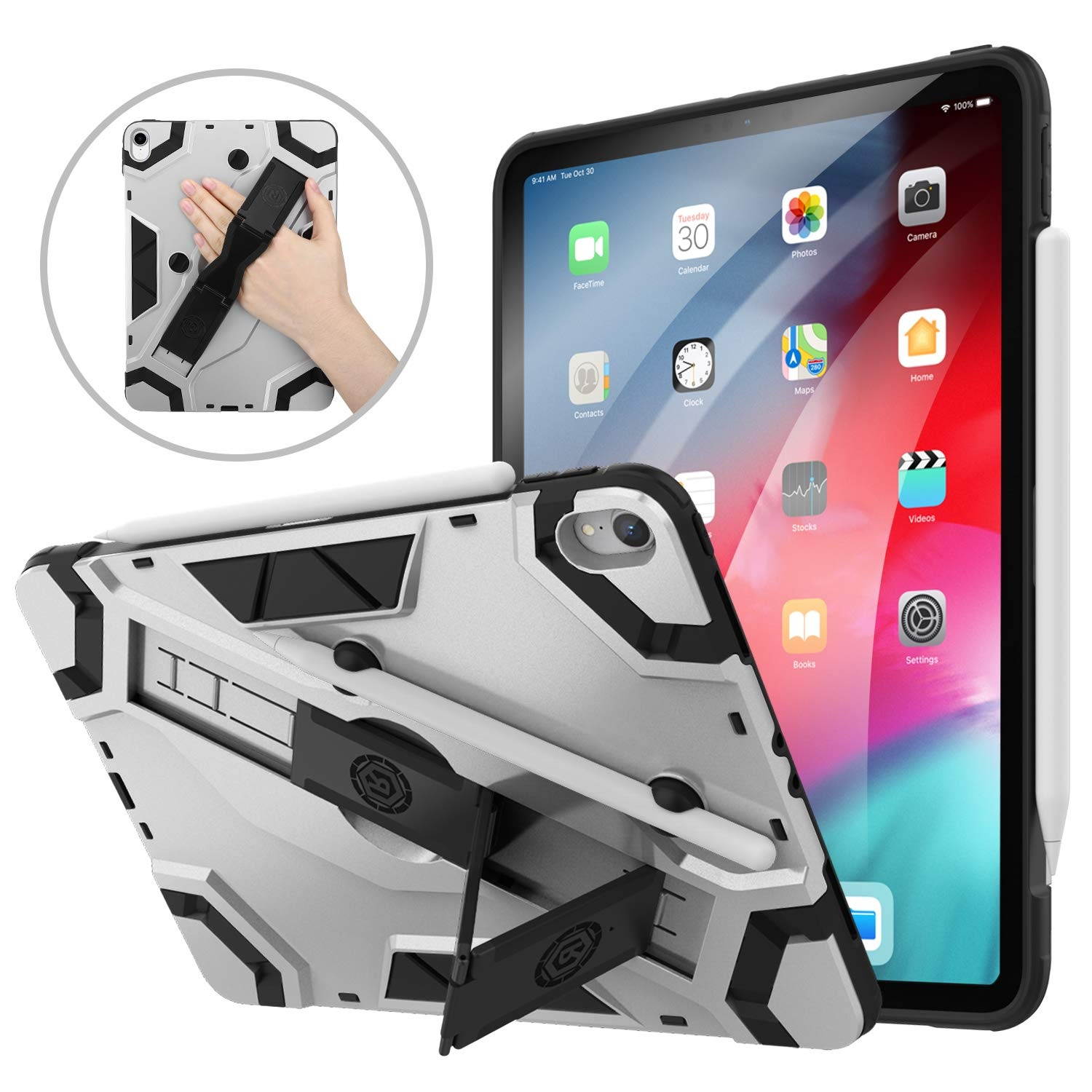 MoKo Case Fit iPad Pro 11" 2018 [Support Pencil Charging] Heavy Duty Shockproof High Impact Resistant Armor Protective Cover with Kickstand and Pencil Holder Fit iPad Pro 11 2018 Case - Silver