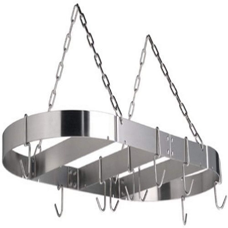 Calphalon Brushed Stainless Steel Oval Pot and Pans Hanging Ceiling Mounted Kitchen Storage Organization Rack with 10 Hooks, Silver