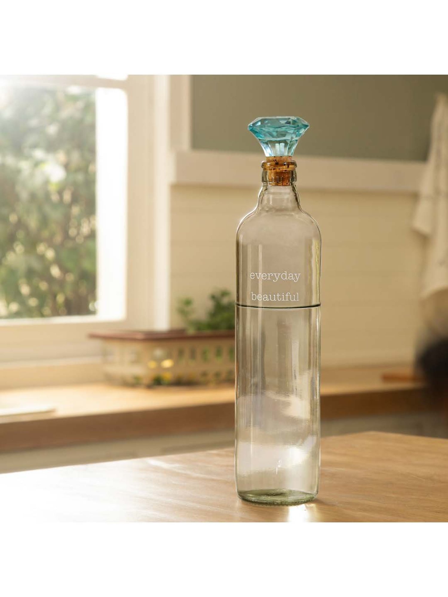 Ellementry Transparent & Aqua Glass 6 cm Water Bottle With Stopper (0.75 L) - Set of 1