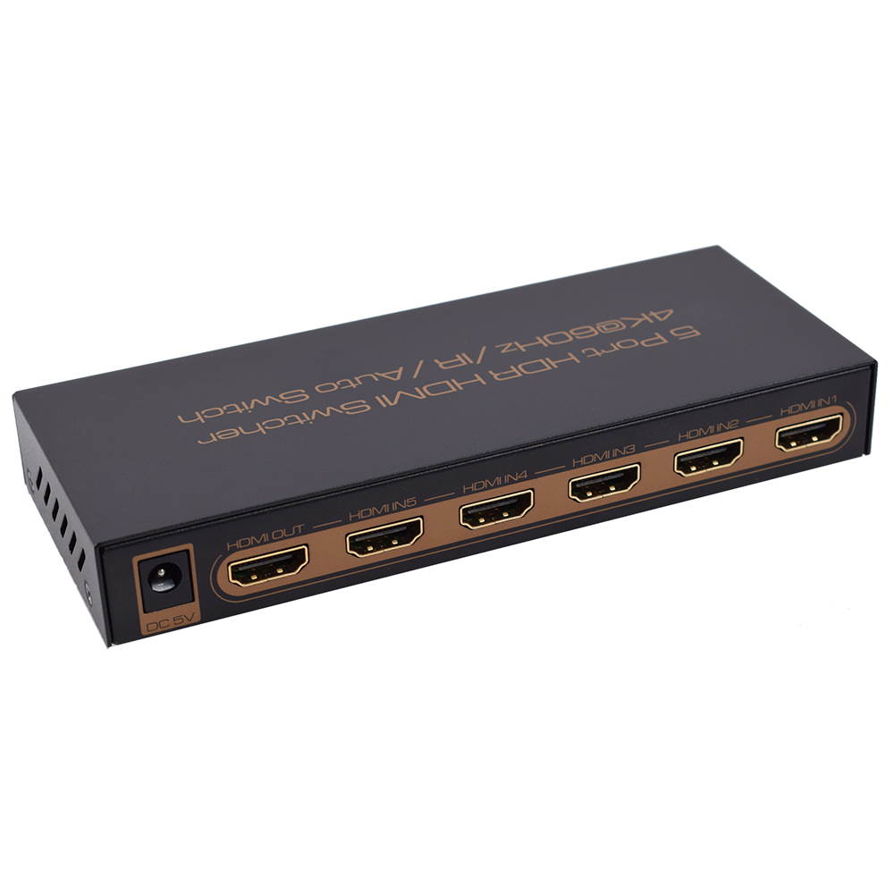 5 Port HDR HDMI Switcher.Support 4K@60Hz UHD signal input and output.Five HDMI Inputs switch to one HDMI Output