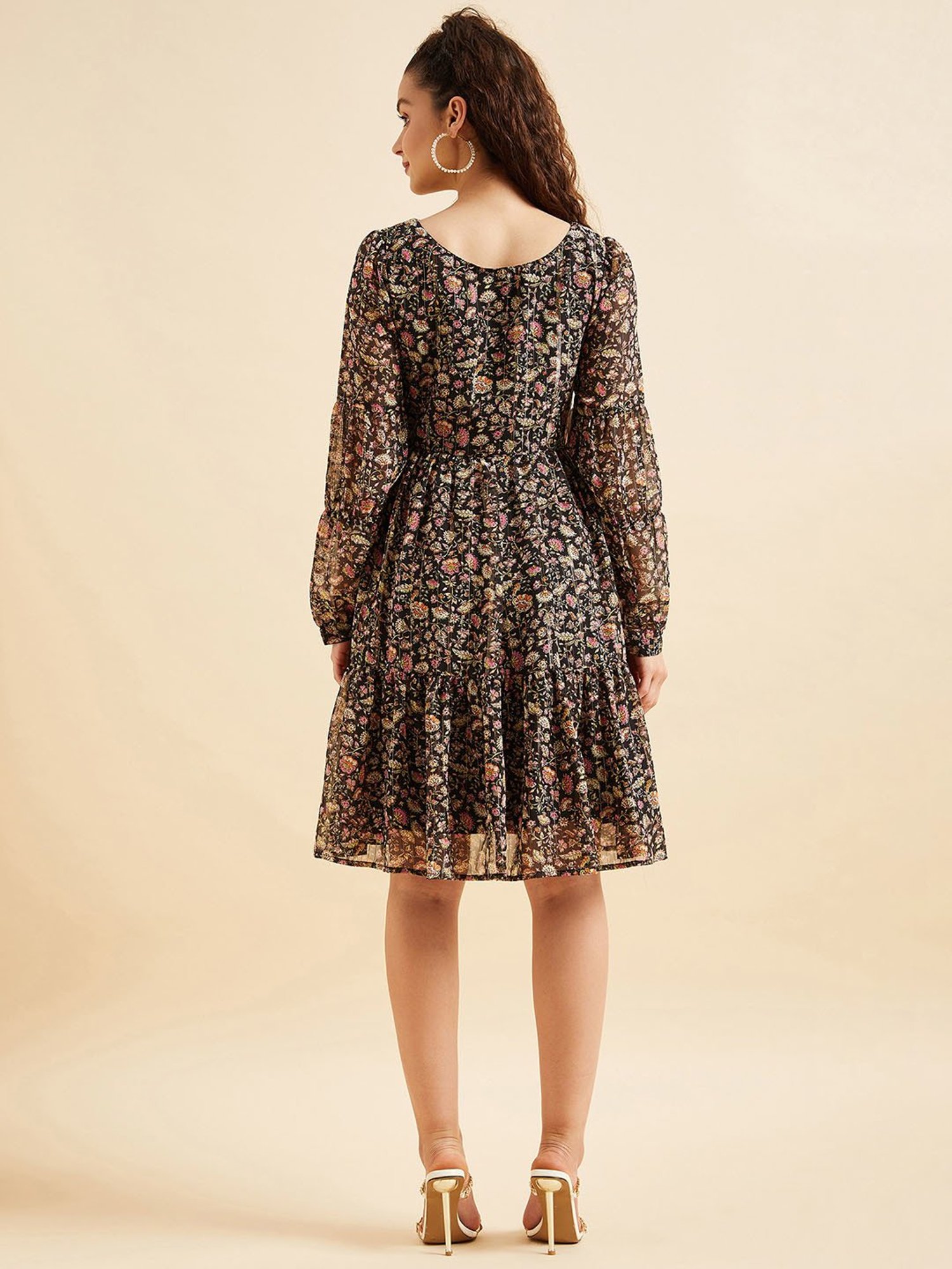 Saffron Threads Black Cotton Floral Print Ethnic Dress