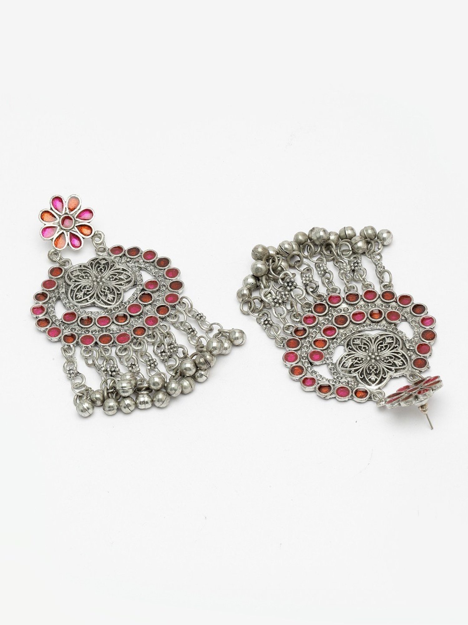 Moedbuille Meenakari Work Ghungroo Antique Tasselled Design Oxidised Silver Plated Earrings