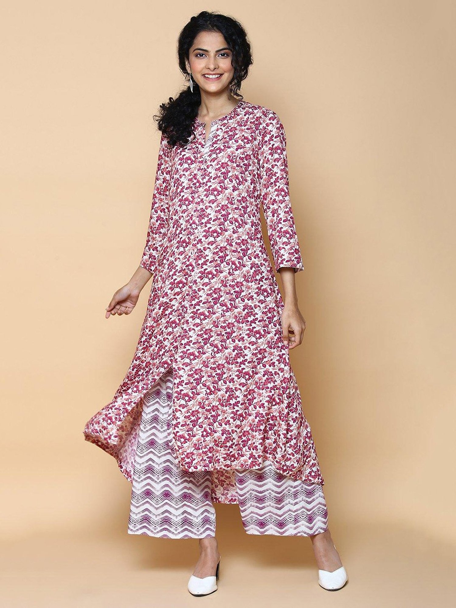 Biba White & Magenta Printed Kurta & Palazzo Set