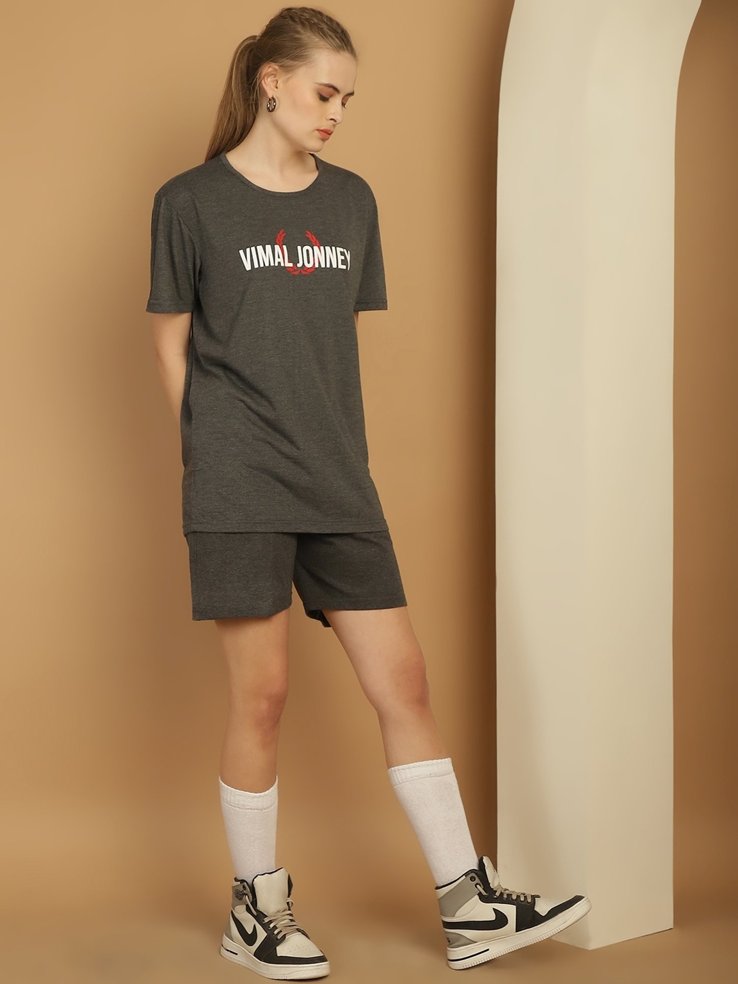 Vimal Jonney Grey Cotton Logo Print T-Shirt & Shorts Set