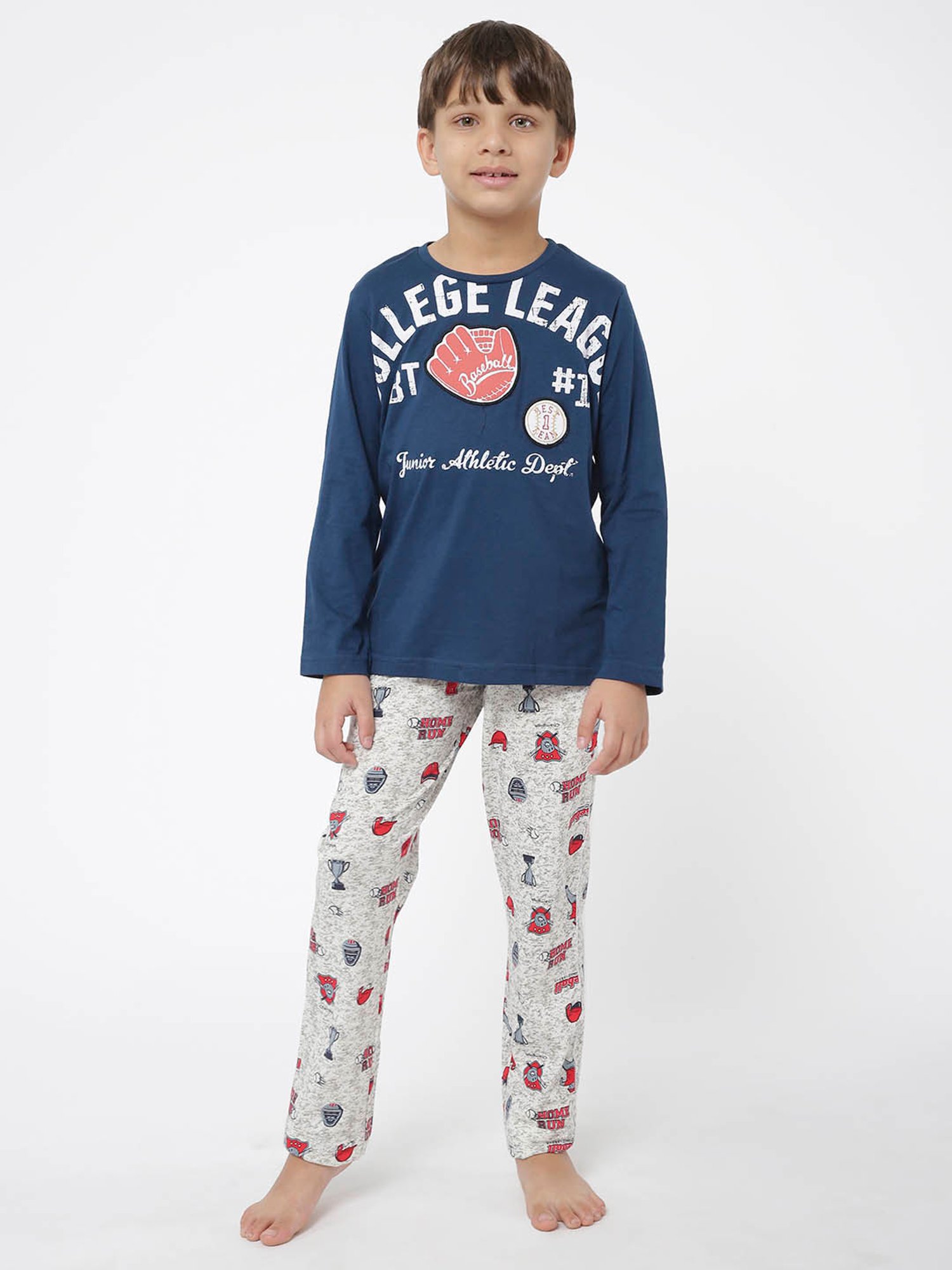 Sweet Dreams Kids Navy & Grey Printed Full Sleeves T-Shirt with Pyjamas