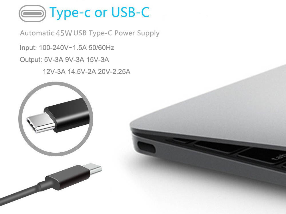 45W USB Type C Laptop Charger for HP TPN-CA01 815049-001 815033-850 Spectre 13 x360 /Elite x2 /Spectre x2 12-a001dx 12-a001tu; Lenovo GX20M33579 4X20E75131 ADLX45YCC3A; New Macbook Pro USB-C Adapter
