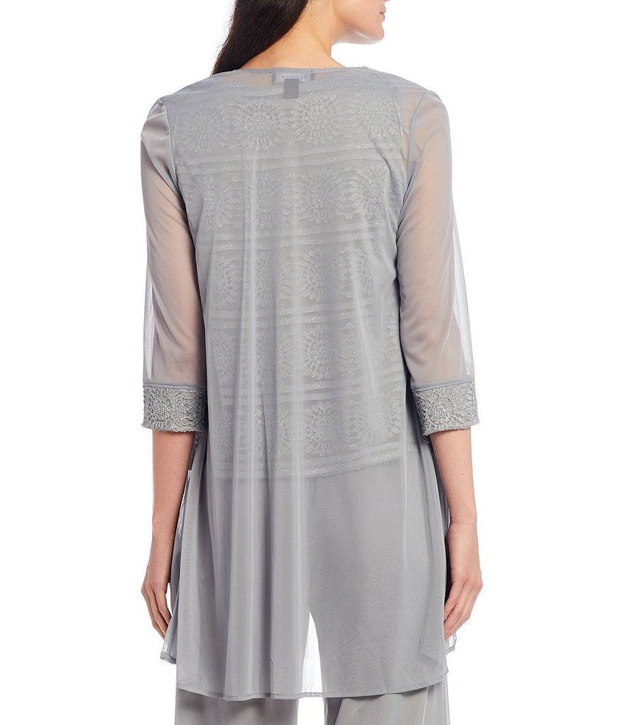 R & M Richards Glitter Chiffon Lace Duster 3-Piece Pant Set