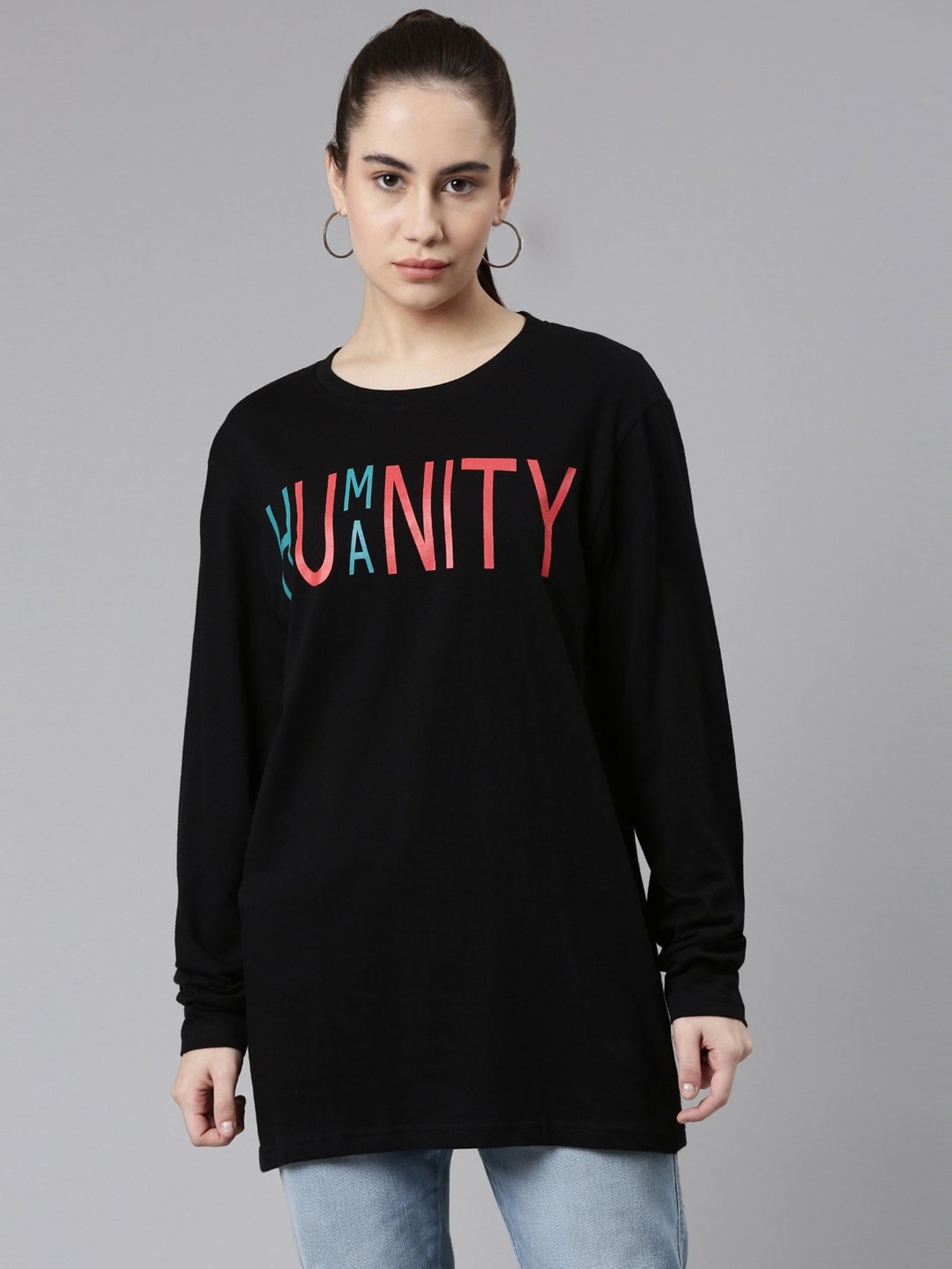 Kryptic Black Printed Cotton Oversized T-Shirt