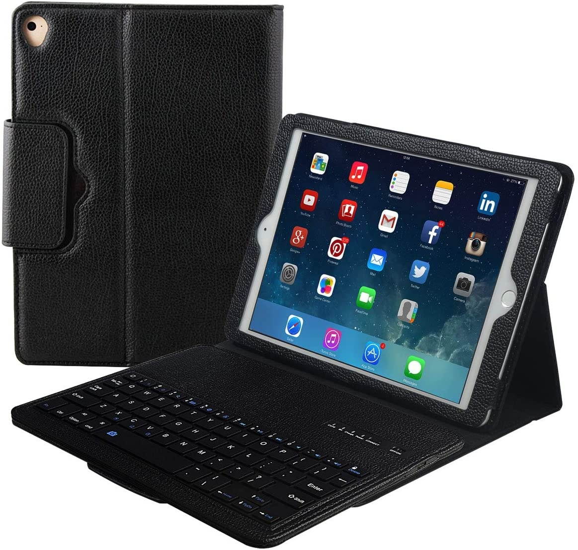 Eoso Keyboard Case for iPad Pro 9.7 iPad Air 1 and 2 Folding PU Leather Folio Cover with Removable Bluetooth Keyboard (Black)