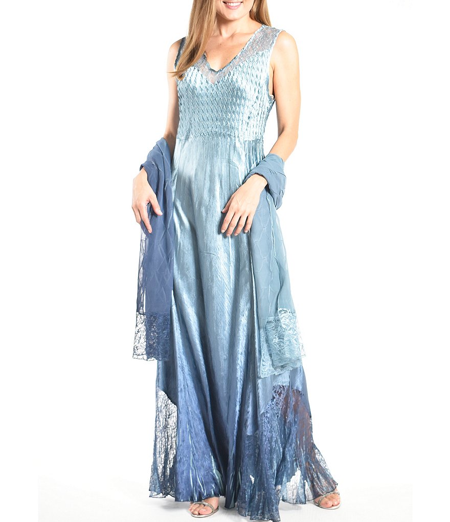 Komarov Accordion Pleated Sleeveless Charmeuse Gown With Shawl