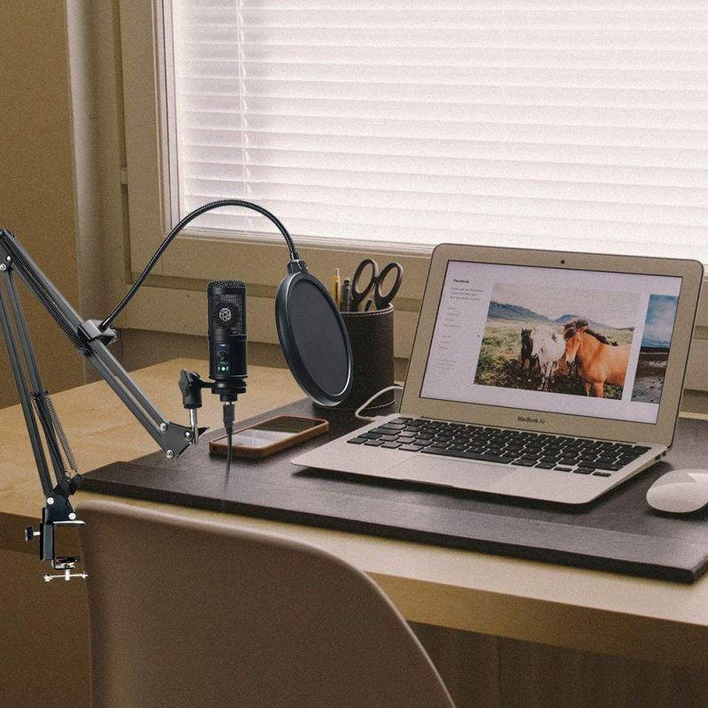 Condenser Microphone, Intelligent Noise Reduction Cardioid Computer Mic Kit with Adjustable Scissor Arm, Shock Mount, Pop Filter for Recording, Podcasting, Voice Over, Home Studio, YouTube