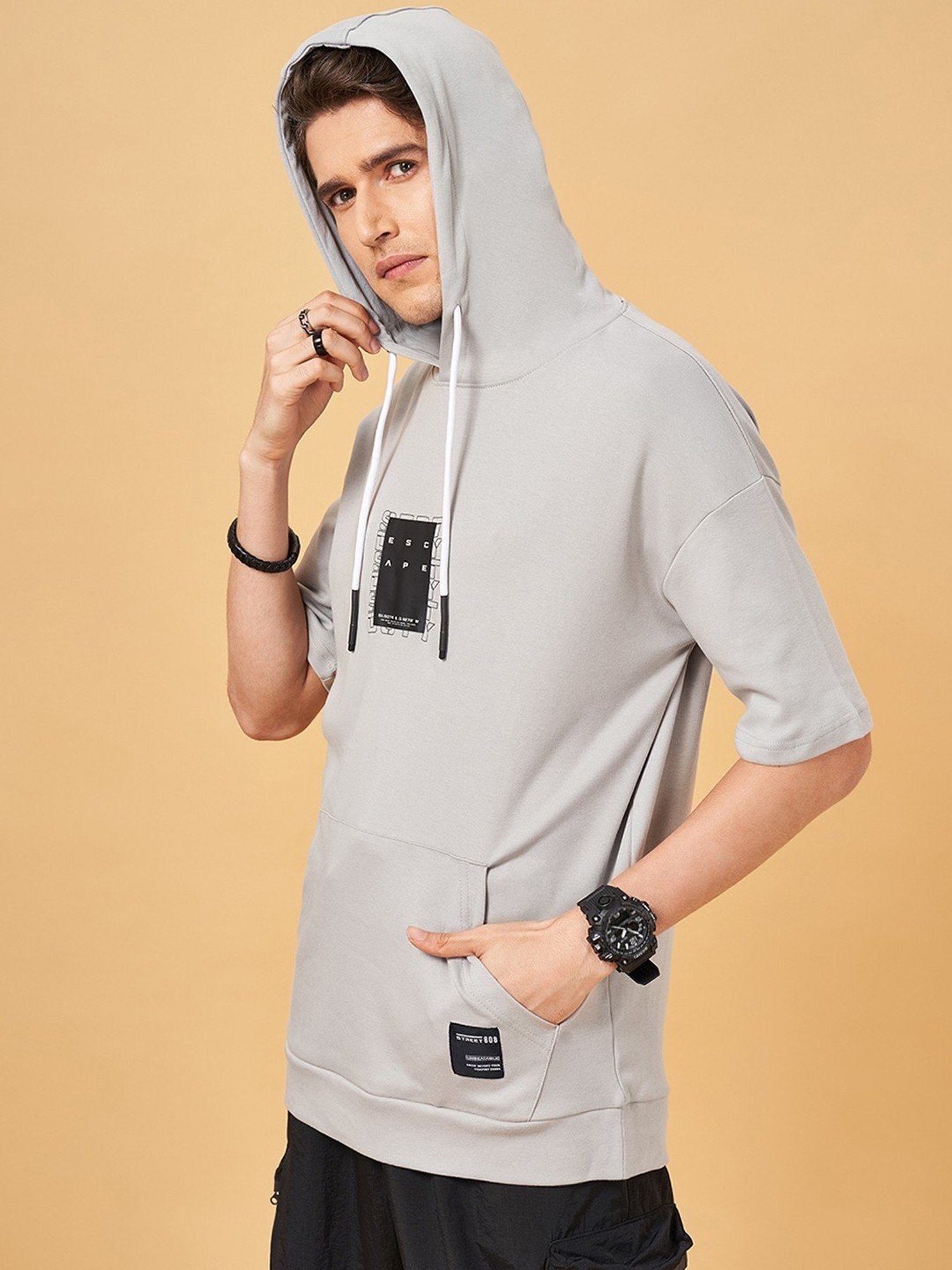 Street 808 By Pantaloons Steel Gray Loose Fit Hooded T-Shirt