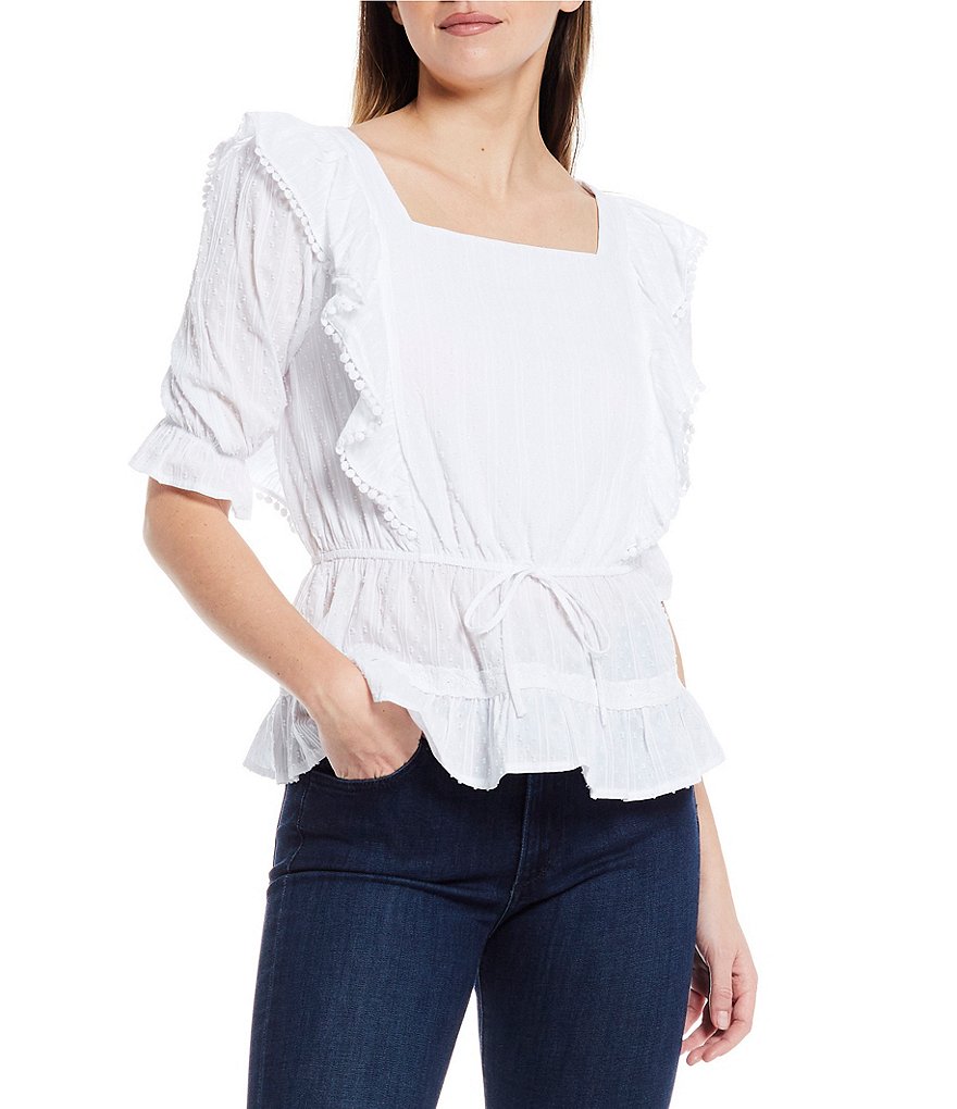 Sugarlips Square Neck Pompom Lace Trim Short Sleeve Tie-Waist Peplum Ruffle Blouse