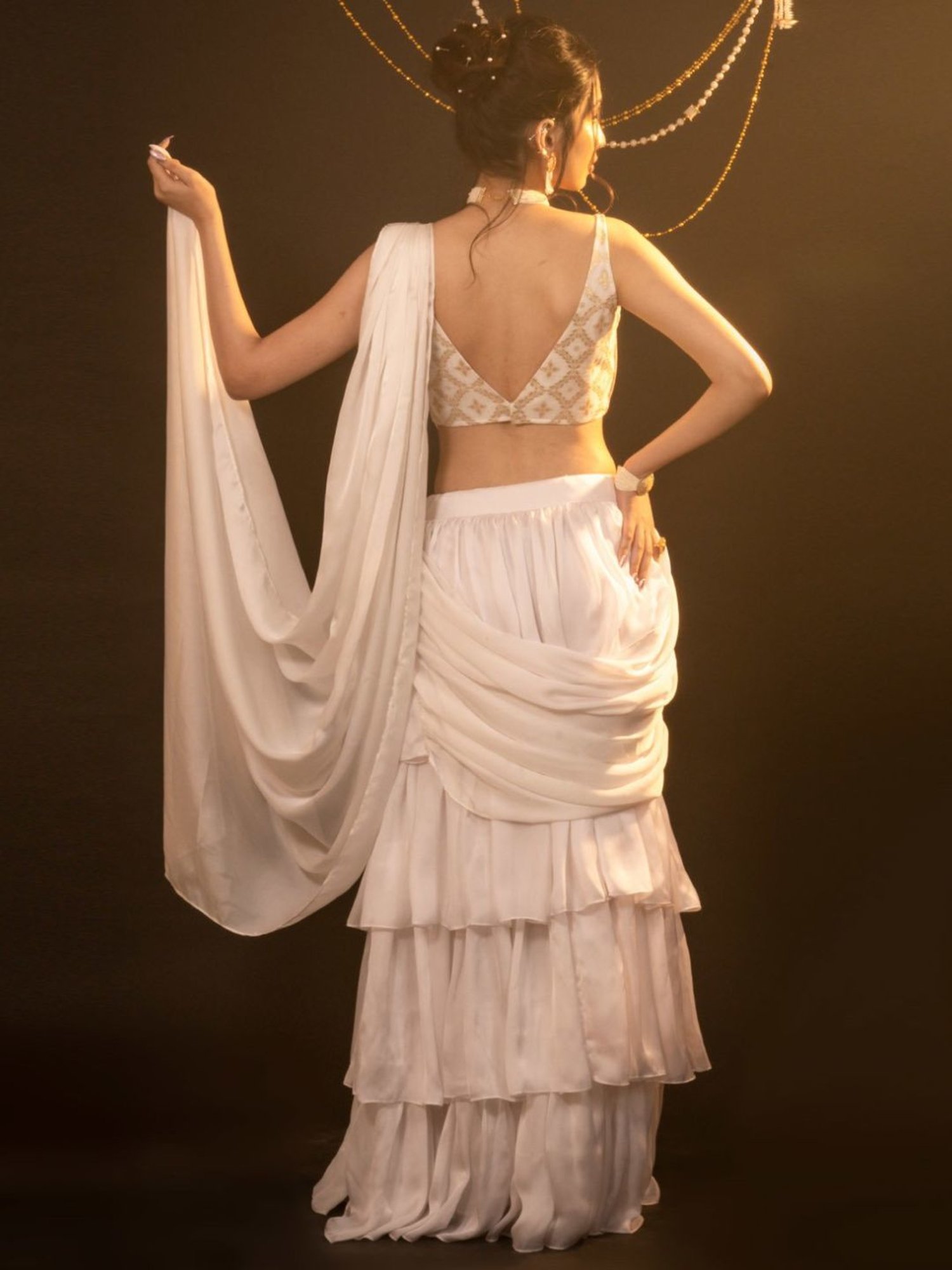 Monk and Mei Soul of Swan White and Gold Mira Ruffle Saree Set