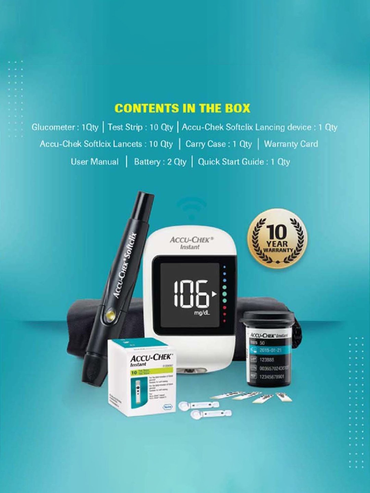 Accu Chek Instant Glucometer with 10 Test Strips (White)