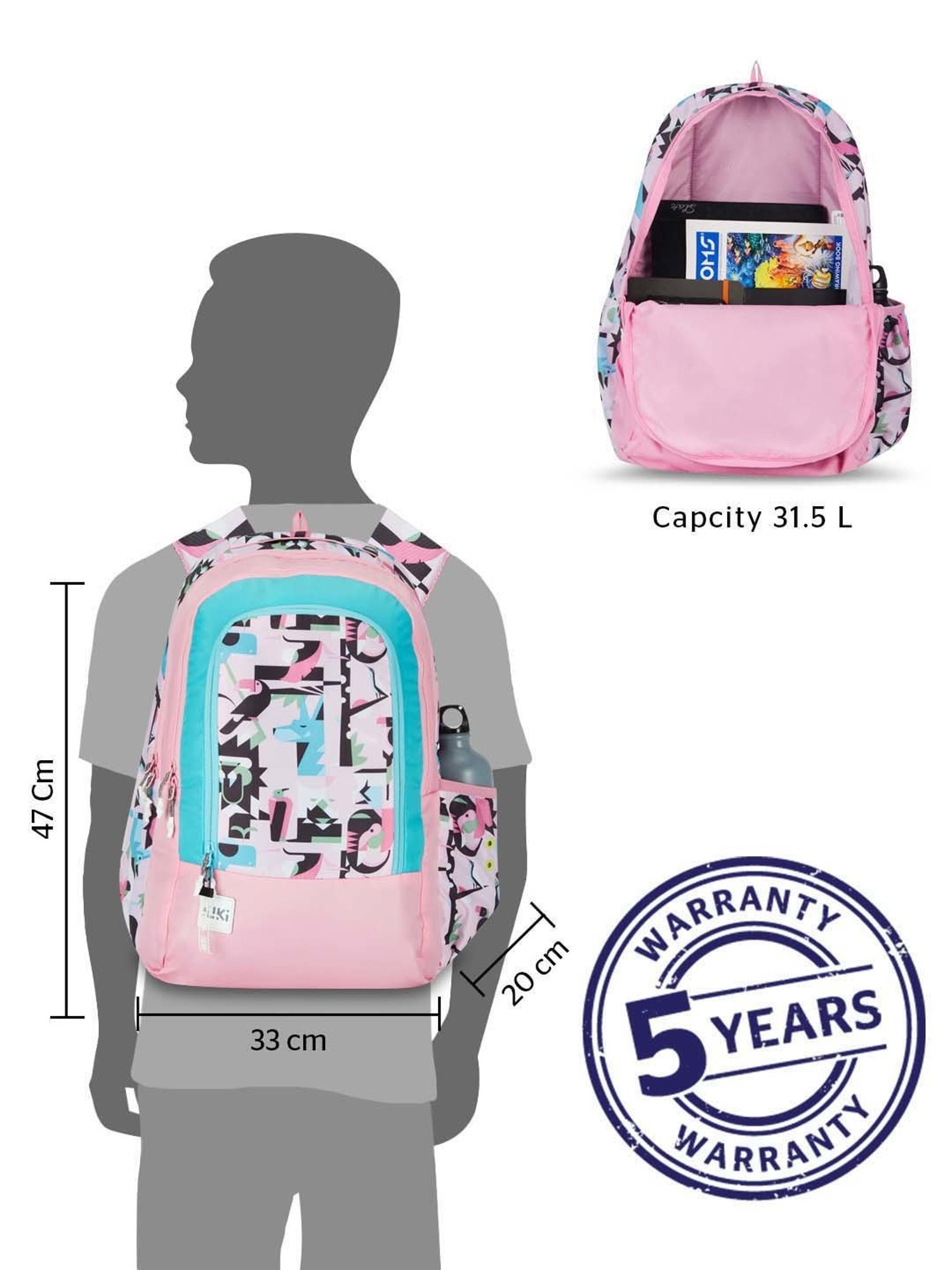 Wiki 31.5 Ltrs Pink Medium Backpack