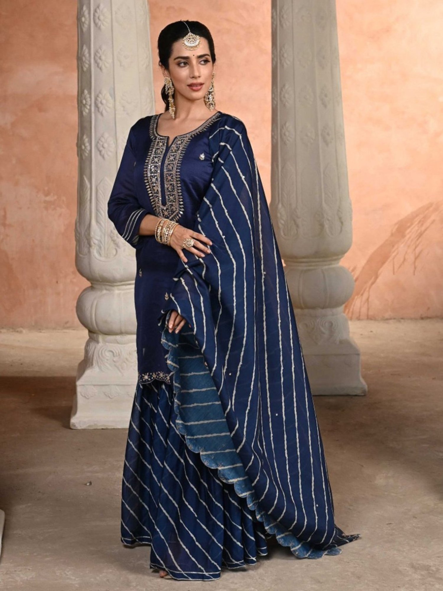 Mahee Jaipur Blue Mehak Lehariya Pure Chanderi Kurta with Sharara and Dupatta