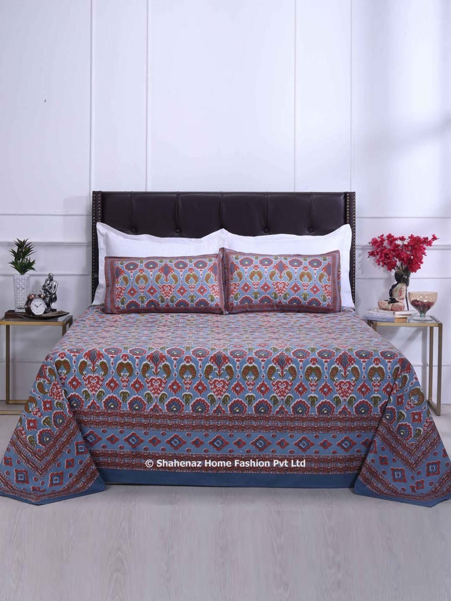 Shahenaz Blue 120 TC Cotton Mahi Double Bedsheet with 2 Pillow Covers