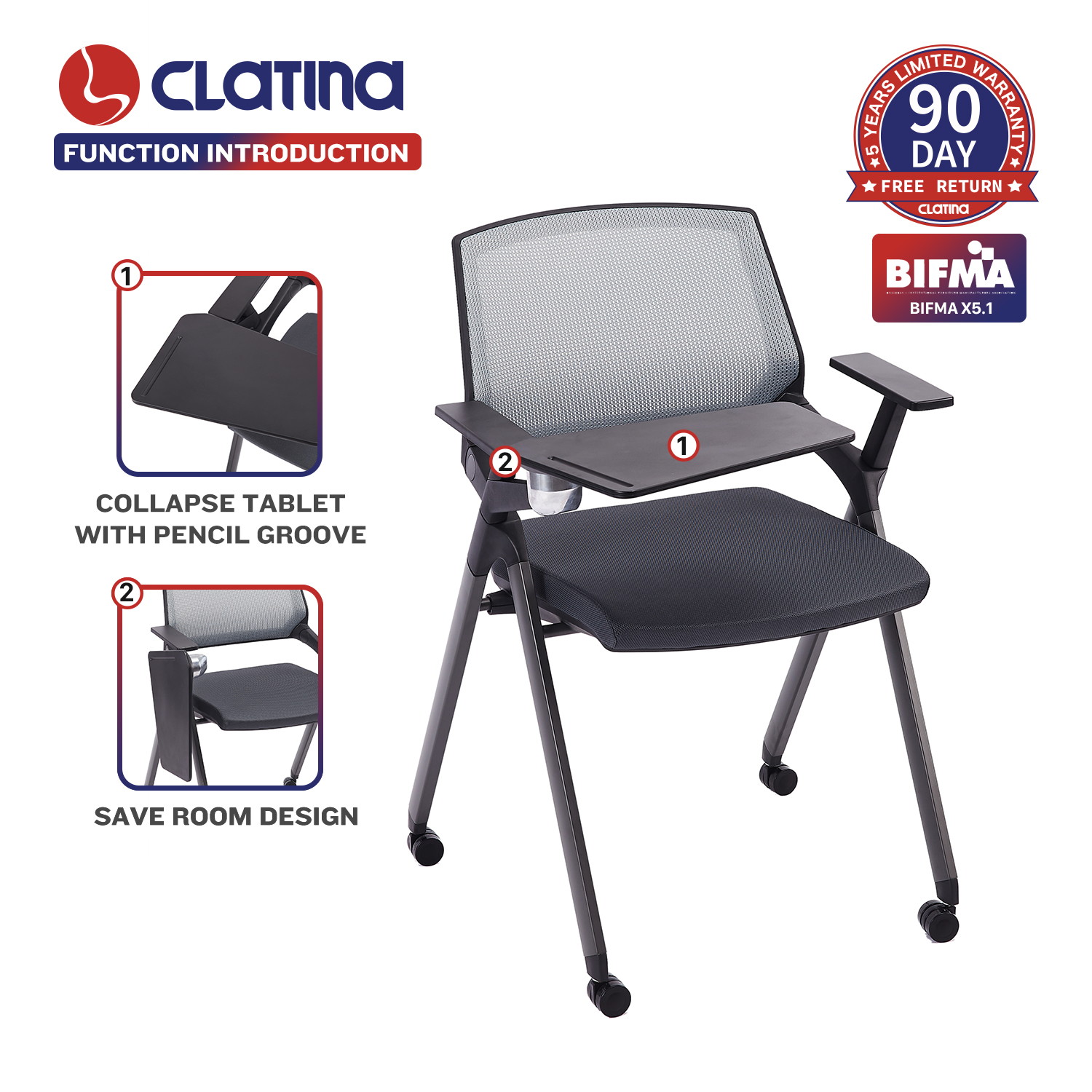 CLATINA Tablet Arm Chair with Caster Wheels Mesh Guest Nesting Stacking for Office School Classroom Training Conference Waiting Room Gray
