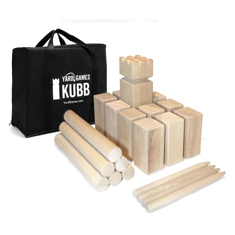 Yard Games Outdoor Backyard Regulation Size Kubb Hardwood Kids Tossing Game Set Bundle w/ Hardwood Outdoor Scatter Toss Target Lawn Game Skittles Set