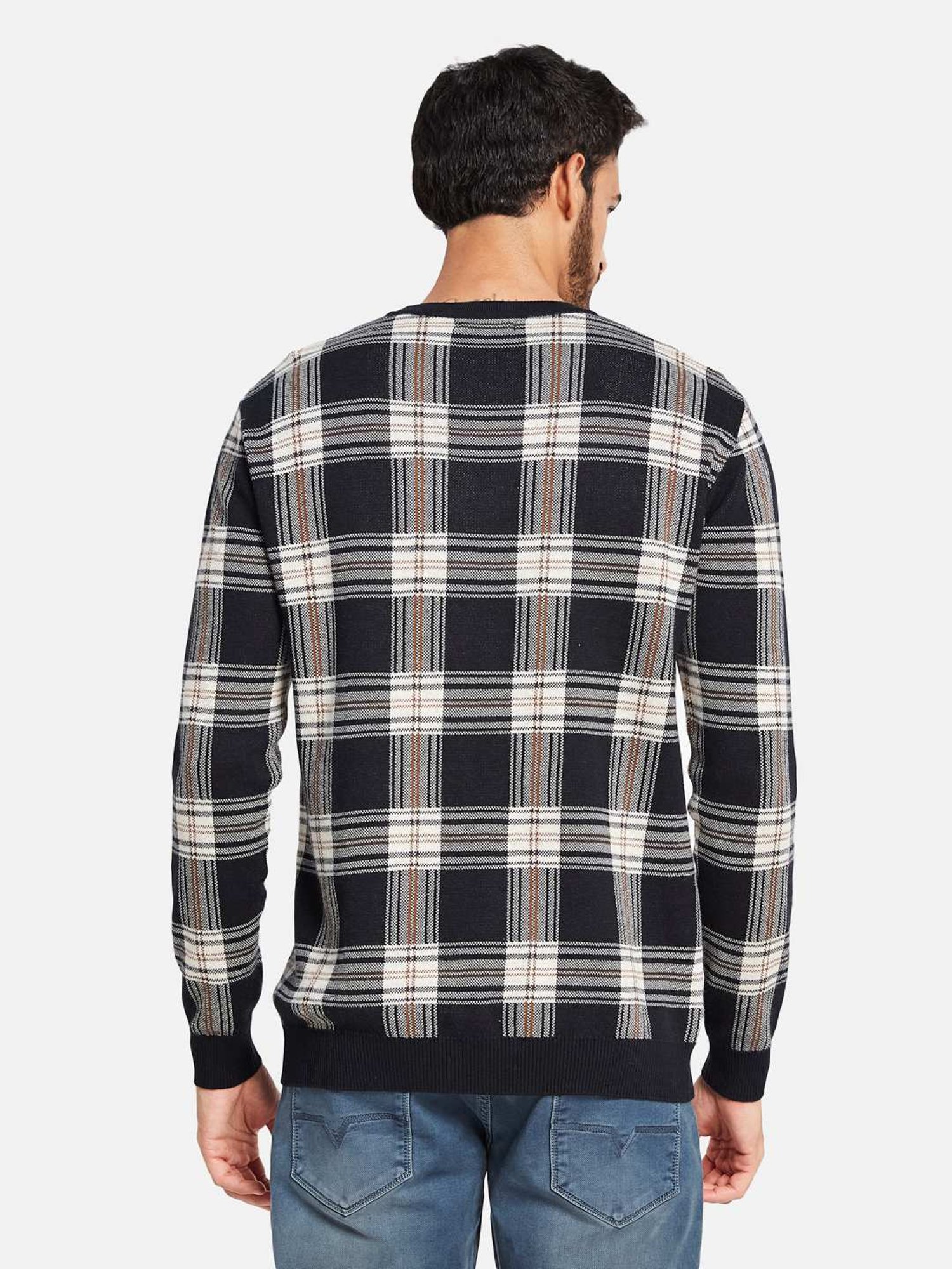 METTLE Navy Cotton Regular Fit Checks Sweater