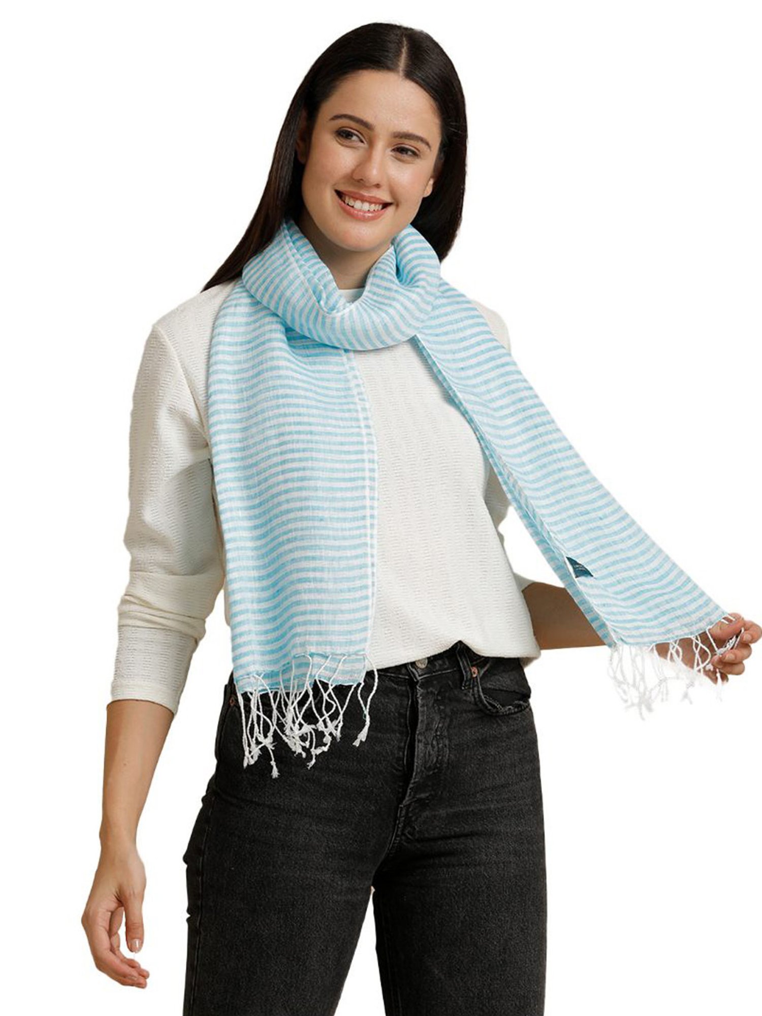 Linen Club Turquoise Blue Striped Pure Linen Stole