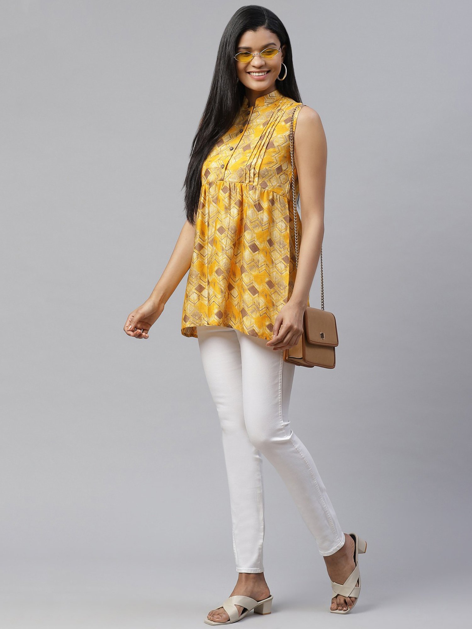 Cottinfab Yellow Printed A-Line Cotton Top