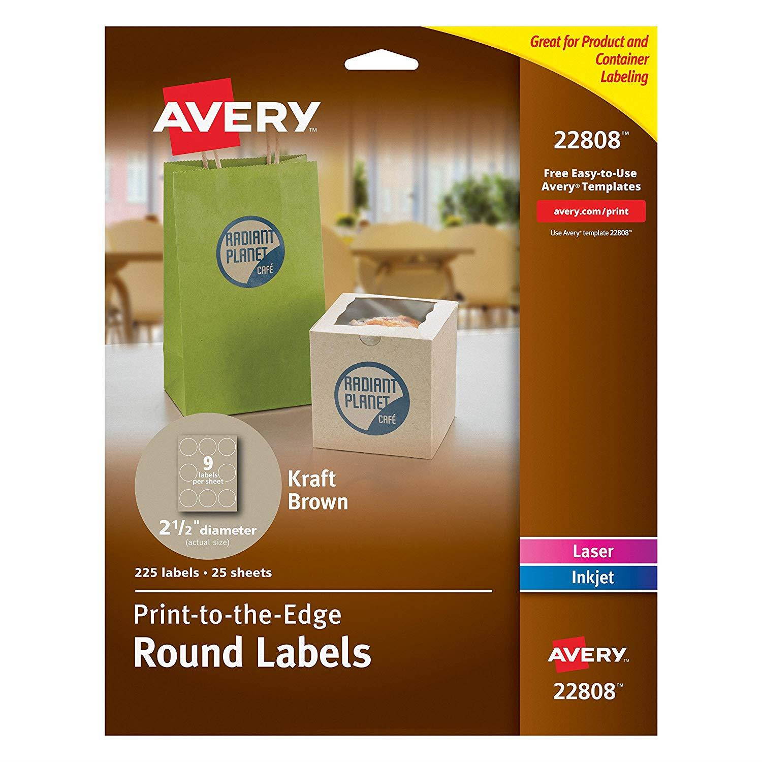 Avery Print-to-the-Edge Kraft Brown Round Labels , 2-1/2" Diameter, 225 Labels per Pack, Case Pack of 5 (22808)
