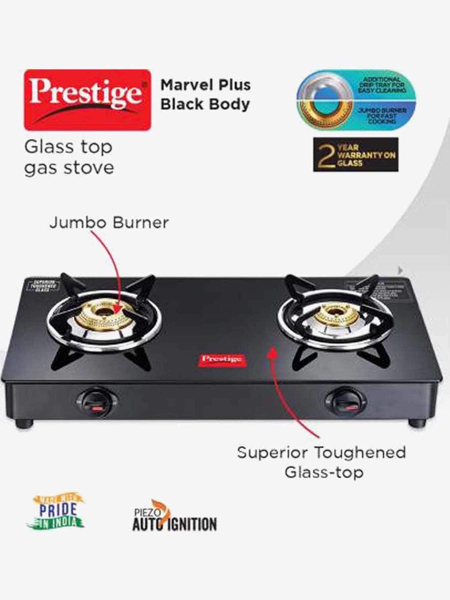 Prestige Marvel Plus GTM02 AI 2 Burners Glass Top Gas Stove (Black)