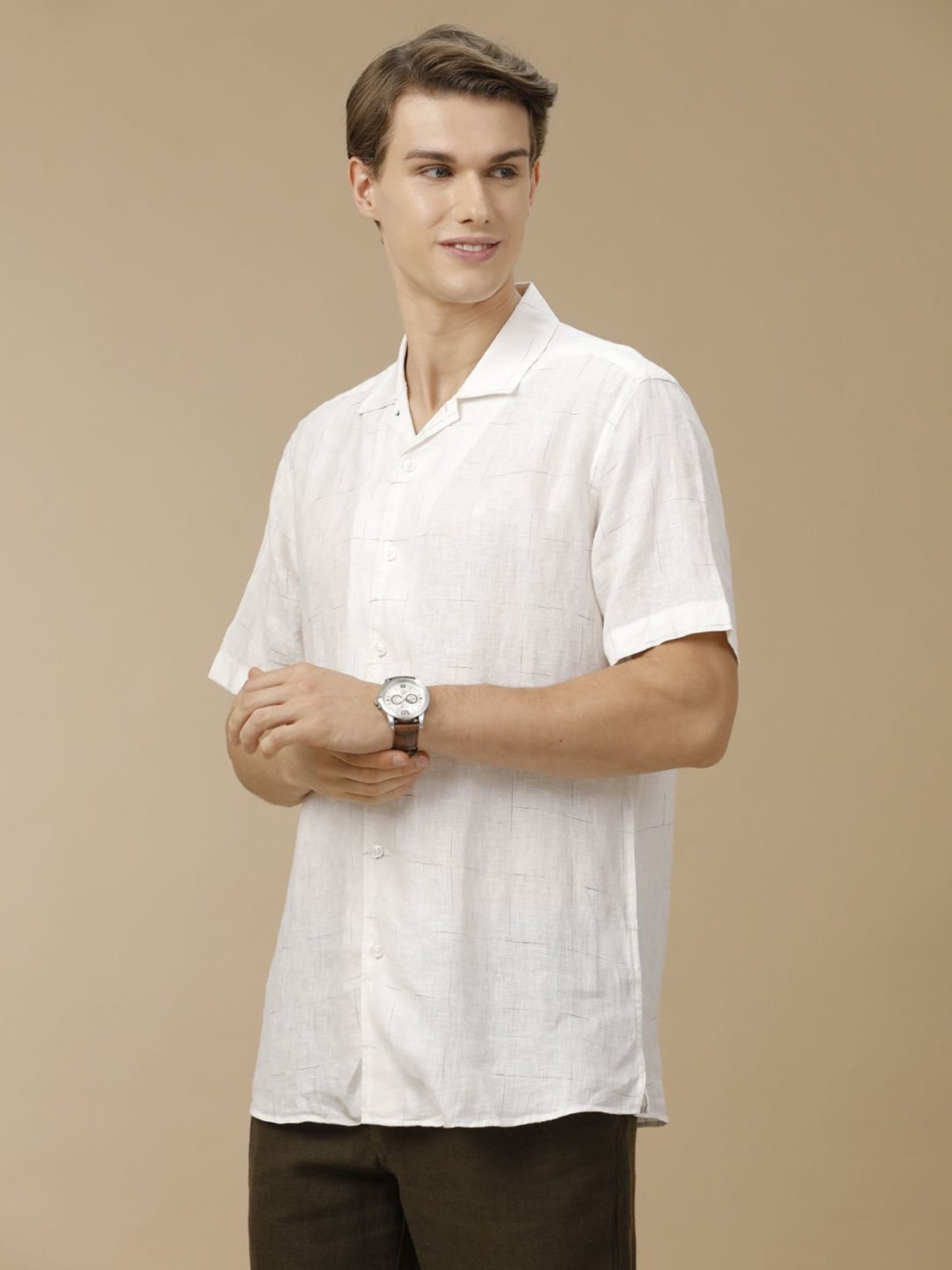 Linen Club White Linen Contemporary Fit Checks Shirt