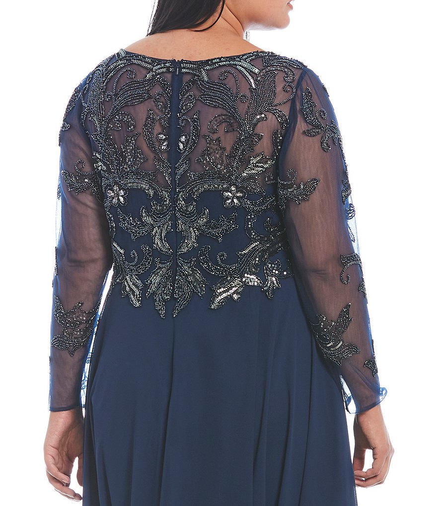 Xscape Plus Size Jewel Neck Long Sleeve Beaded Bodice Chiffon Gown
