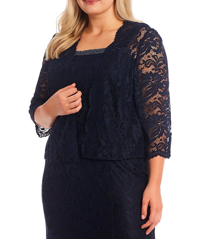 Le Bos Plus Size Embroidered Stretch Lace Square Neck 3/4 Sleeve 2-Piece Jacket Dress