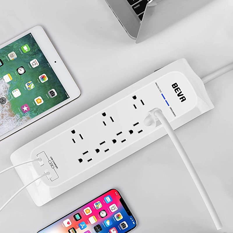 Protector Power Strip with USB, Mountable Power Strip with 2 USB Ports and 8 Outlets, 6 FT Long Extension Cord, 1875W/ 15A, 900 Joules, Circuit Breaker Safeguard Home& Office Accessories- White
