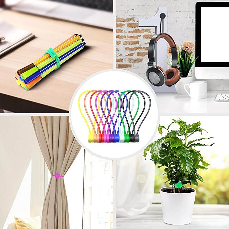Reusable Silicone Magnetic Cable Ties/Magnetic Twist Ties for Bundling or Organizing Cables/Cords, Hanging or Holding Stuff (10 Colors-20 Pack)